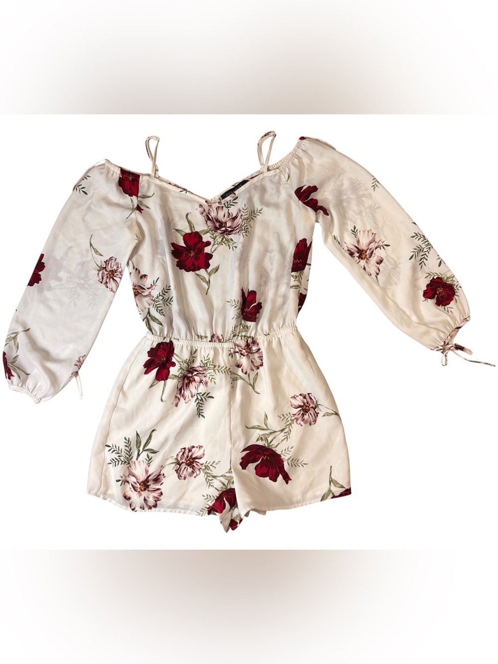 Dynamite Floral Cold Shoulder Long Sleeve Romper Ivory Burgundy Small